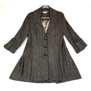 Cabi Gray-Brown Herringbone Tweed Swing Size 8 A-Line Wool Coat3/4 Sleeve